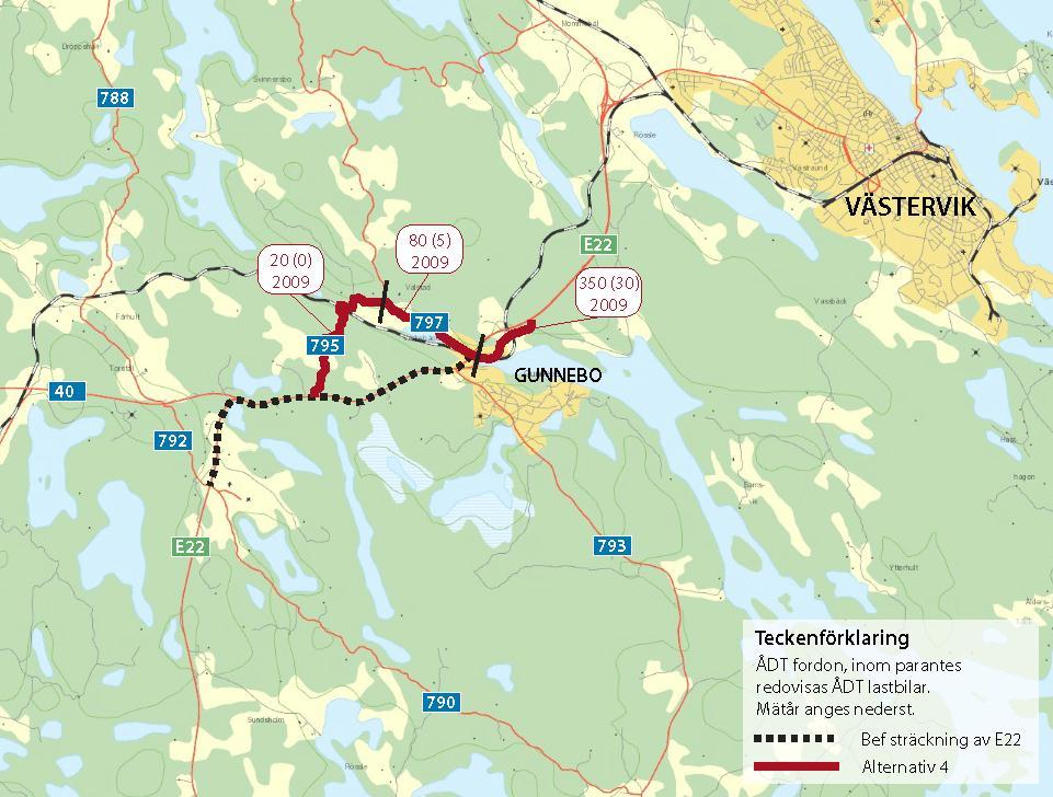 2.4 Alternativ 4 Alternativet innebär en omledning via vägarna 795, 797 och 807 som en total längd på cirka 5,8 km. Väg 807 är en vanlig väg med ett körfält i vardera riktning utan mittseparering.