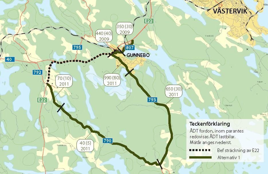 2.1 Alternativ 1 En omledning via vägarna 790, 793 och 807 har en total längd på cirka 20 km. Vägarna är vanliga vägar med ett körfält i vardera riktning utan mittseparering.