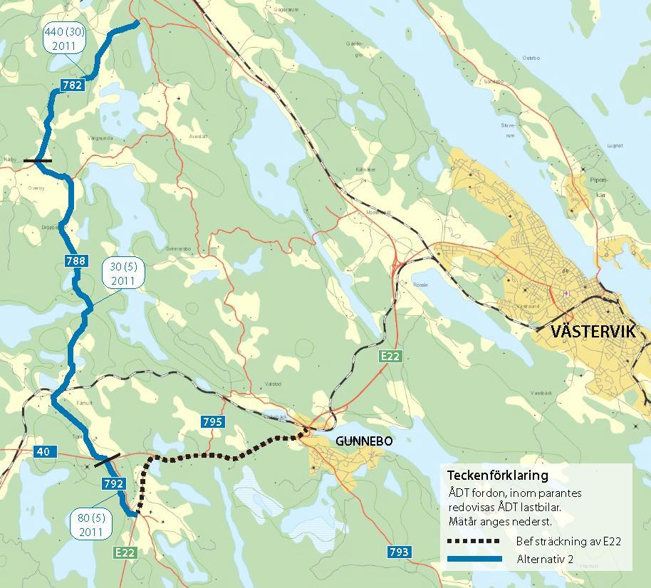2.2 Alternativ 2 En omledning via vägarna 792, 788 och 782 har en total längd på cirka 16 km. Väg 782 har ett körfält i vardera riktning utan mittseparering.
