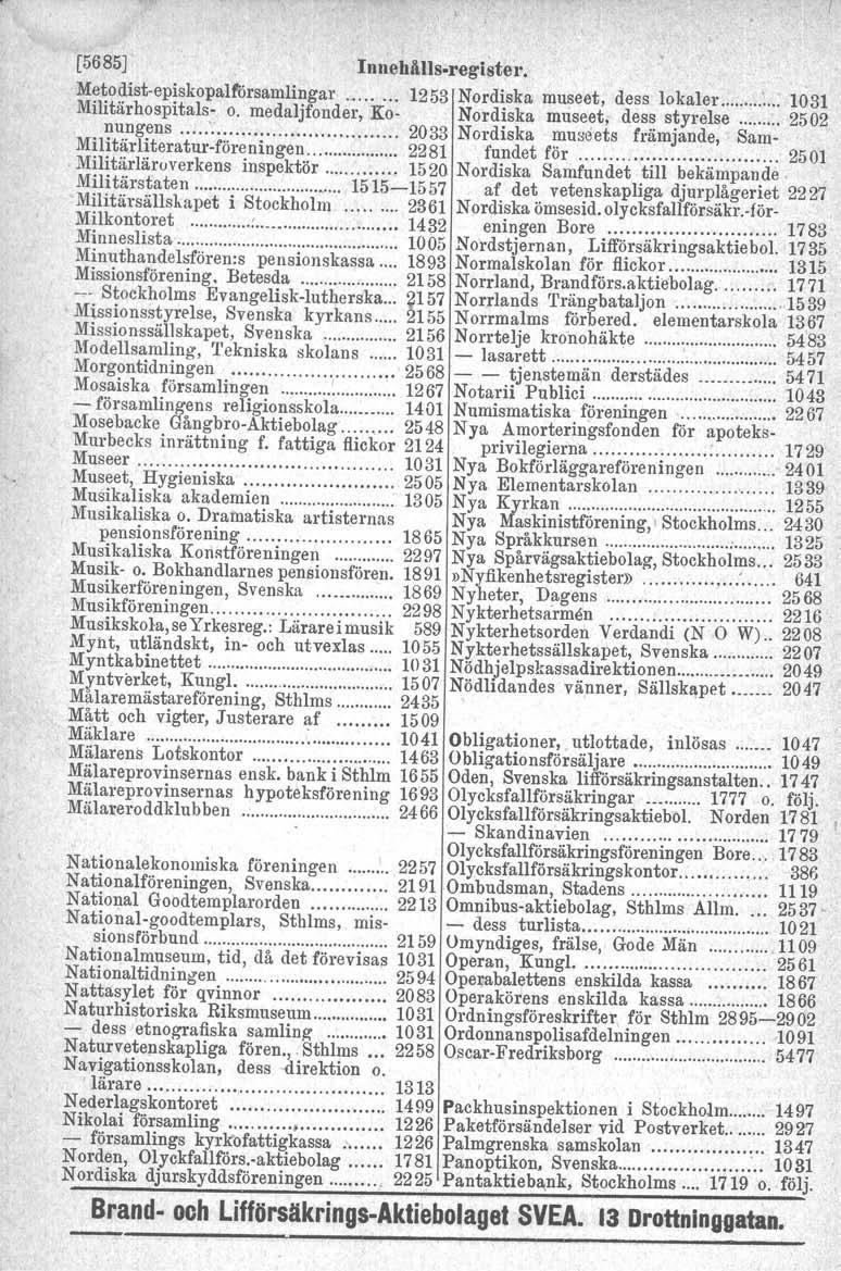 [5685J Innehålls.register. Metodist.episkopalförsamlingar '" 1253 Nordiska museet, dess lokaler : 1031 Militärhospitals- o.