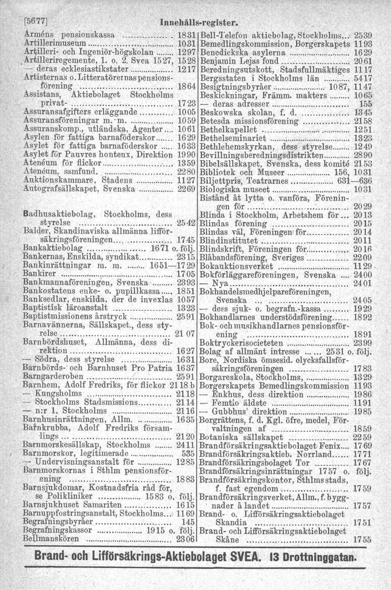 [5677] Innehålls-reglster, Armens pensionskassa '? 1831 Bell-Telefon aktiebolag, Stockholms.:~'2539 Artillerimuseum.