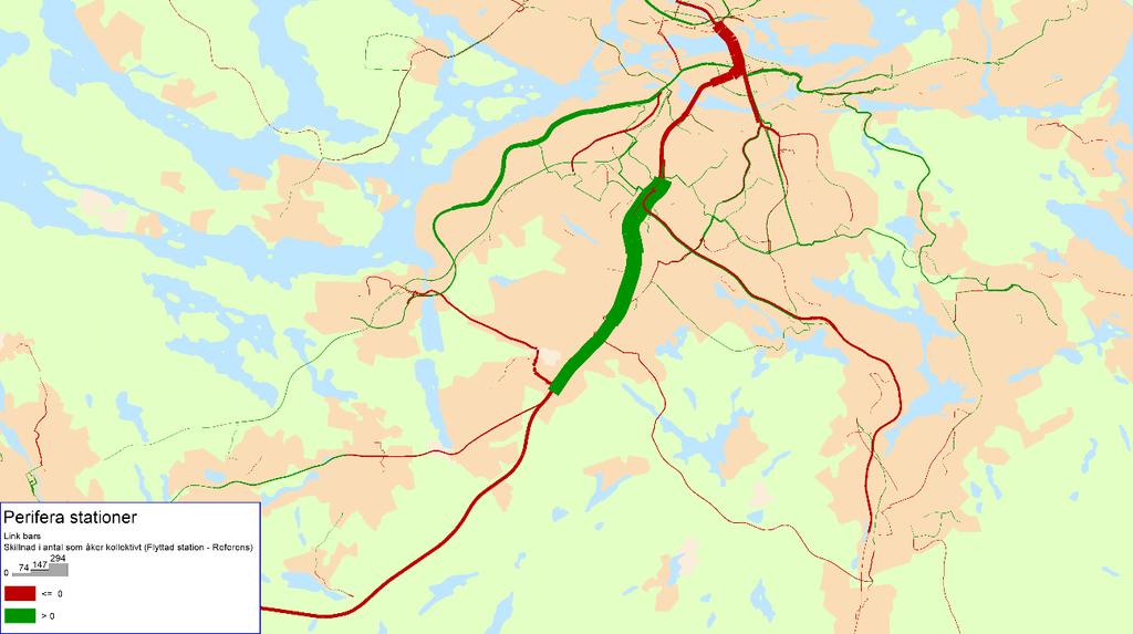 Figur 63. Modellberäknade förändringar i regionalt kollektivtrafikresande (tåg, pendeltåg, buss och tunnelbana) av flyttning av fjärr- och regionaltågsuppehåll från Flemingsberg till Älvsjö station.