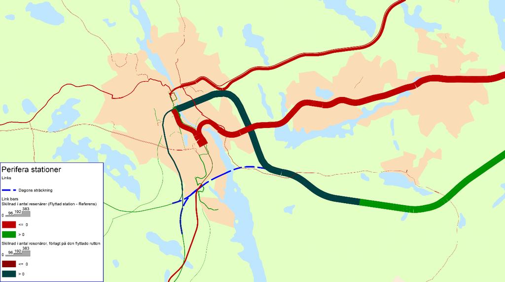 Örebro län) är ofullständigt i modellen uppstår ett nettotillskott av resande på 28 % genom det centrala stationsläget. Figur 69.