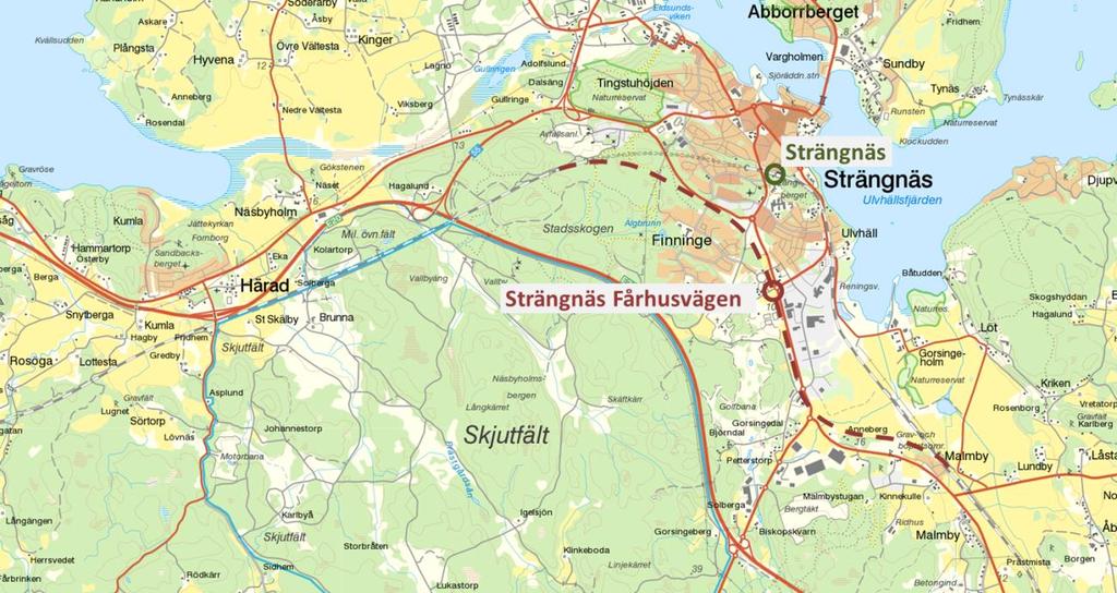 8.6 Fallstudie Strängnäs Lokalisering av järnvägsstationer 8.6.1 Scenarier I Strängnäs fanns två huvudalternativ till stationsläge för Svealandsbanan, det vid Långberget som finns idag och det längre söderut studerade vid Fårhusvägen.