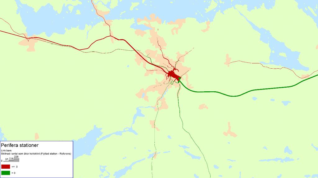Figur 89. Modellberäknade förändringar i regionalt kollektivtrafikresande (tåg, buss) under en timme i morgonrusningen av tillkommande tåguppehåll vid Eskilstuna östra. Figur 90.