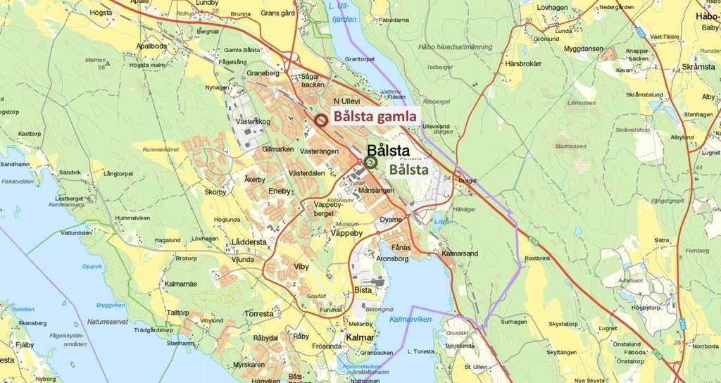 8.8 Fallstudie Bålsta Lokalisering av järnvägsstationer 8.8.1 Scenarier Bålsta hade ursprungligen en station nordväst om dagens station som öppnade 1997.