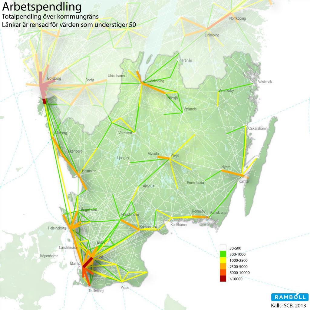 Pendlingssamband 2013 Kalmar har starka band till omkringliggande kommuner och Karlskrona Starkt pendlingsstråk mellan Kalmar-Oskarshamn