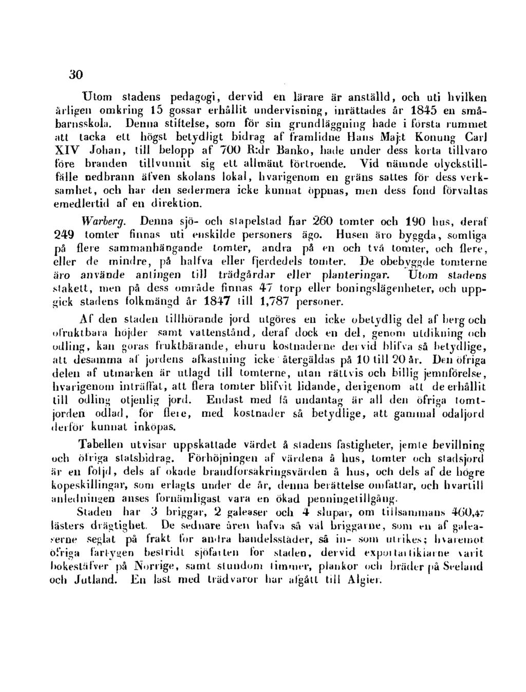 30 Utom stadens pedagogi, dervid en lärare är anställd, och uti hvilken årligen omkring 15 gossar erhållit undervisning, inrättades år 1845 en småbarnsskola.