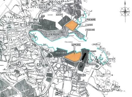 Figur 6-17. Lägen Nord och Syd i Oskarshamns hamnområde. grus. Ett par större byggnader finns kvar från varvstiden. I nuläget (hösten 2000) bedrivs industriell verksamhet inom området.