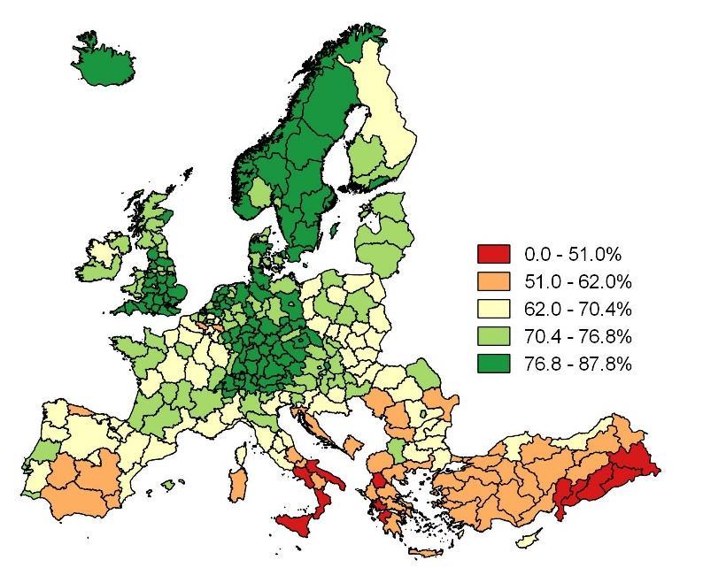 Enligt den senaste europeiska sammanställningen från 215 har Västsveriges ställning sjunkit lite i förhållande till tidigare sammanställningar men ligger fortfarande mycket bra till i ett europeiskt
