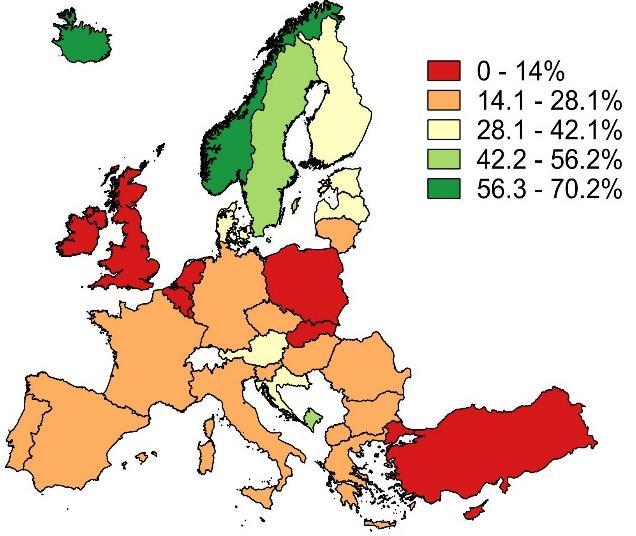 Andel förnybar energi av totala energiförbrukningen i EU 215, procent. Källa: Eurostat Bild 4: Utsläpp av växthusgaser år 215, index=1 för år 199.