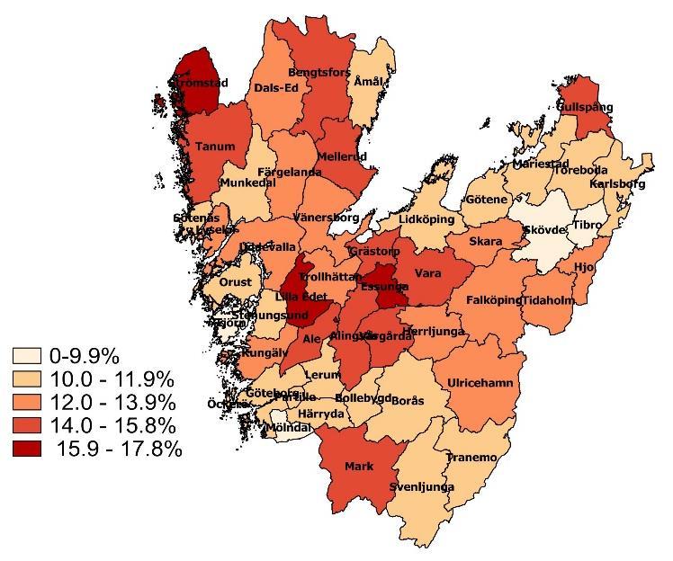 Bild 6. Skolavhopp (18-24 år) under 215, procent, i Västra Götaland. Källa: SCB Diagram 1. Andel 3-34-åringar med minst 2-årig eftergymnasial utbildning 215.