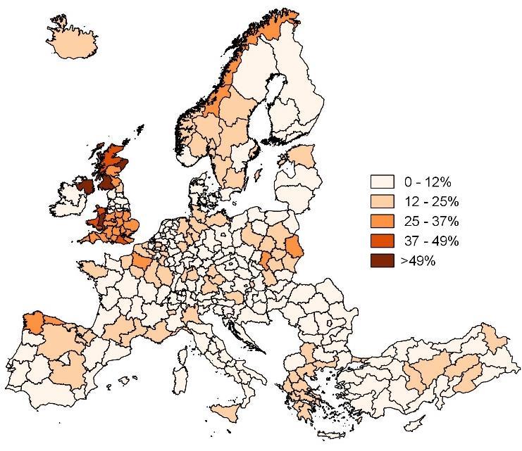 framför allt delar av Östeuropa samt Finland. Bild 7. Skolavhopp i EU under 215, procent.