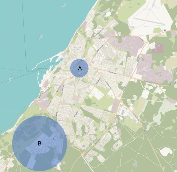 49 (86) 10. PLACERING BADHUS, (ALTERNATIVA GEOGRAFISKA PLACERINGAR) I uppdraget beskrivs att se över två olika placeringsalternativ, Gutavallen (A) och Visborgsområdet (B).