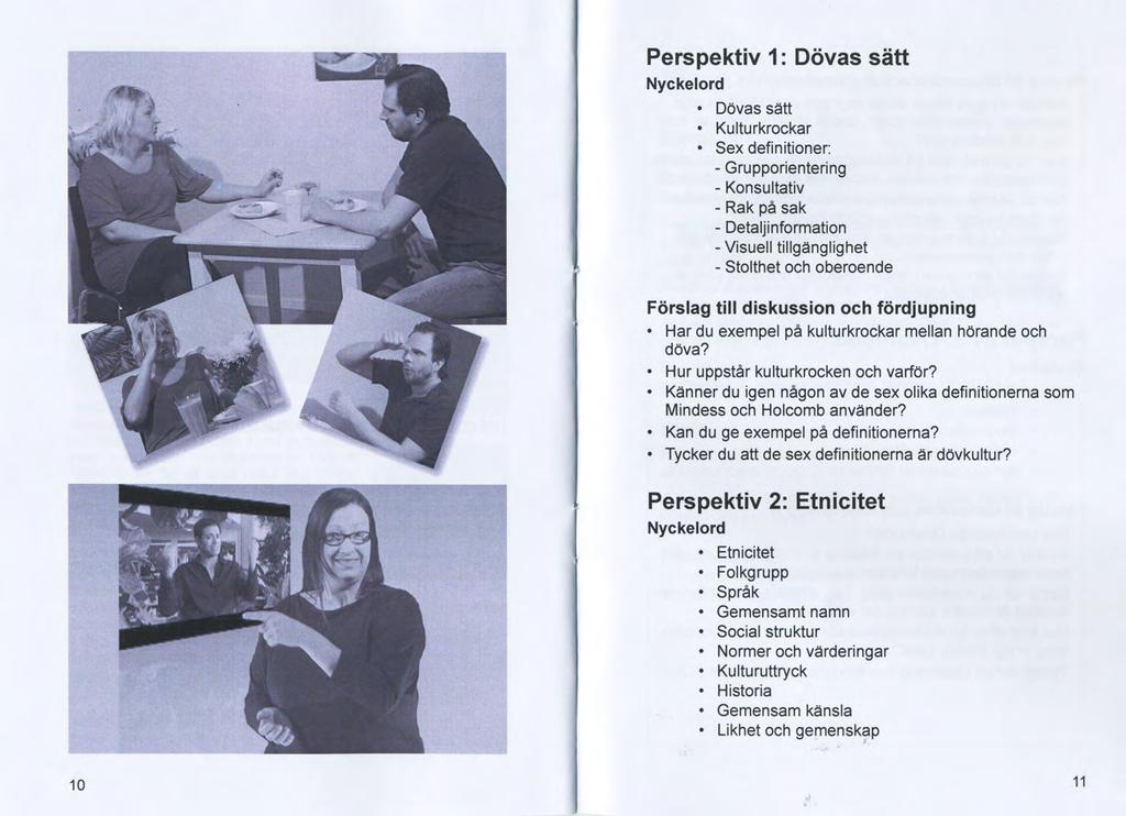 Perspektiv 1: Dövas sätt Dövas sätt Kulturkrockar Sex definitioner: - Grupporientering - Konsultativ -Rak på sak - Detaljinformation -Visuell tillgänglighet - stolthet och oberoende Förslag till