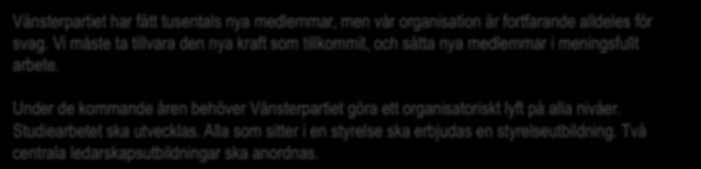 1. Ett mer välorganiserat parti Vänsterpartiet har fått tusentals nya medlemmar, men vår organisation är fortfarande alldeles för svag.