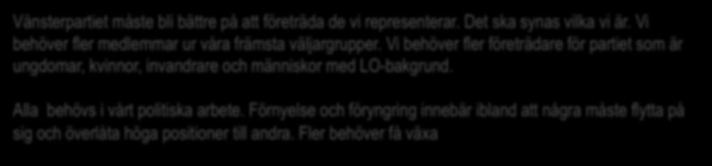 2. Fler ungdomar, kvinnor, invandrare och folk med LO-bakgrund Vänsterpartiet måste bli bättre på att företräda de vi representerar. Det ska synas vilka vi är.