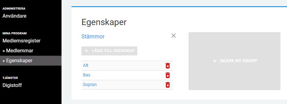 Finlands Svenska sida: 5 EGENSKAPER Egenskaperna relaterar direkt till varje medlem, de kan bara vara kryss-i-rutan. Det finns en uppsättning gemensamma egenskaper: dirigent, ordförande, Resonans m.