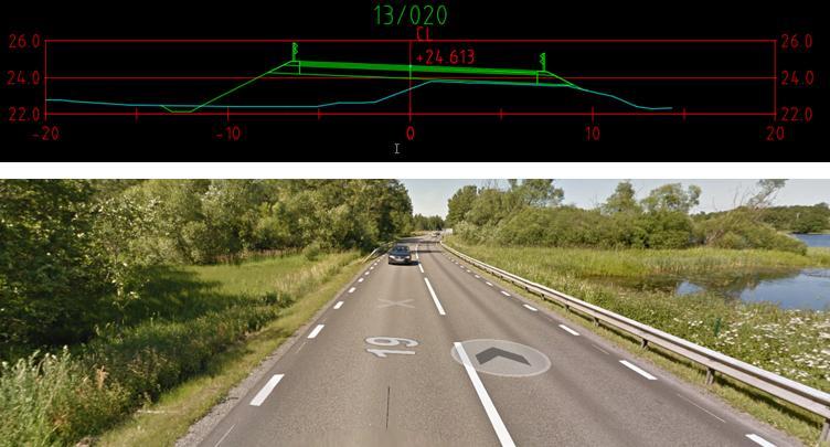 Figur 4. Förslagsskiss på höjning och breddning av vägen åt väster samt ny släntanslutning mot Helge å. Blå linje visar befintlig vägprofil, grön linje visar förslag till ny profil.