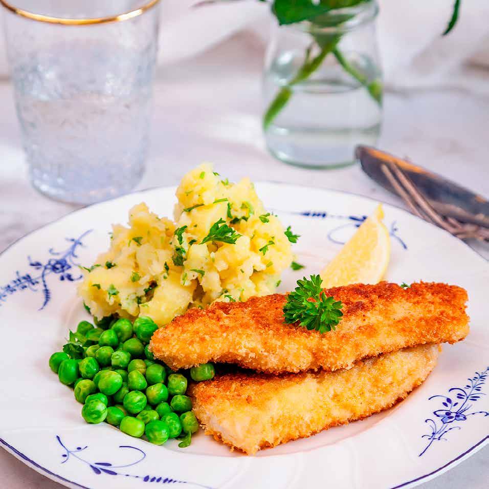 FISKPINNAR med örtkrossad potatis och gröna ärtor 4 port.