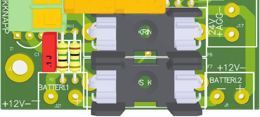 J2 Larmplint för larm vid funktionsfel / låg batterispänning i batteridrift. JU2 Jumper för inställning av larmnivå.