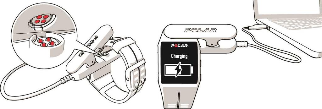 Ladda inte Polar-produkter med en 9-voltsladdare. Om du använder en 9-voltsladdare kan din Polarprodukt skadas. 1. Snäpp fast den anpassade USB-kontakten på din V800. 2.
