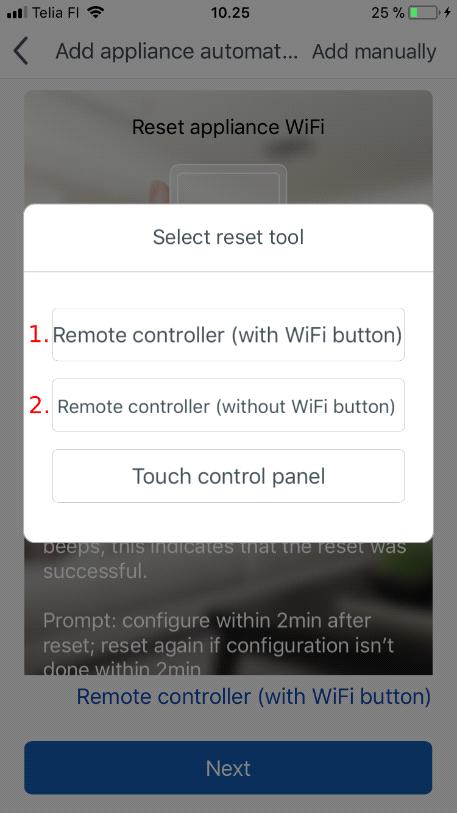 Alternativ 1: Fjärrkontroll med WiFi-knapp Säkra att luftvärmepumpen är avstängd (i standby-läge). Tryck på knapparna Mode och WiFi samtidigt i 1 sekund.