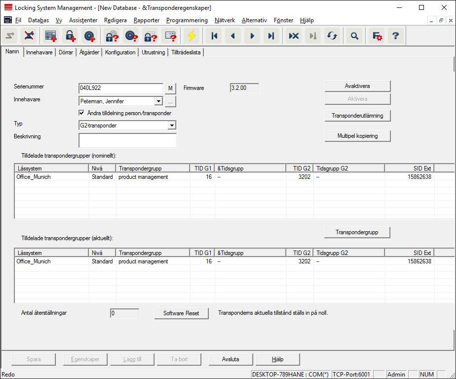82 / 175 4.1.5.3 Redigera/Egenskaper: Transponder Visa och redigera egenskaper för den aktuellt markerade transpondern. Om man dubbelklickar på en transponder öppnas transponderns egenskaper!