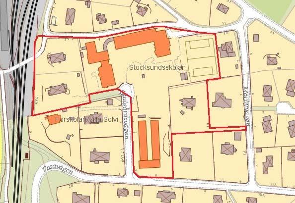 5(11) Studievägen Skolan 12 Skolan 11 Skolan 20 Skolan 6 Stocksund 2:1 Karta med fastighetsbeteckningar Bebyggelse Stocksundsskolan, som ligger inom fastigheten Skolan 20, byggdes i början på