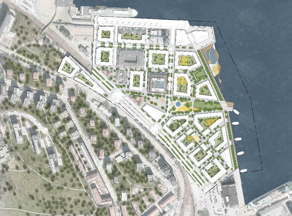 Sida 11 (24) Illustrationsplan över planförslaget, plangräns markerad med streckprickad linje. Bild: Andersson Jönsson Landskapsarkitekter.