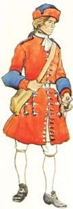 Från 1687 var uniformssammansättningen följande: En rock av blått kläde eller kommisskläde med nedvikt krage och svenska ärmuppslag, smal i livet och med flata mässings- eller tennknappar, en kamisol
