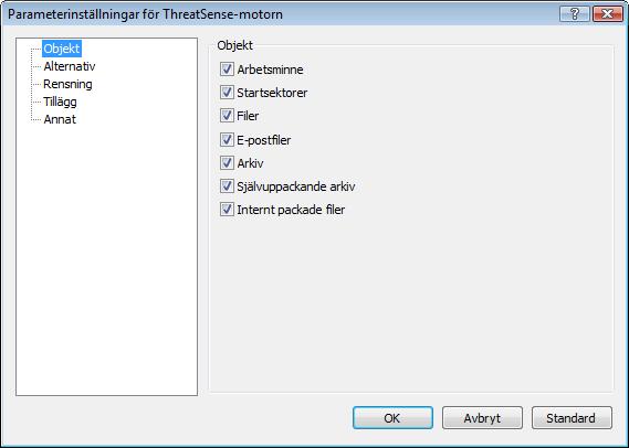 4.1.5 Parameterinställningar för ThreatSense-motorn ThreatSense är en teknik som består av komplexa hotidentifieringsmetoder.
