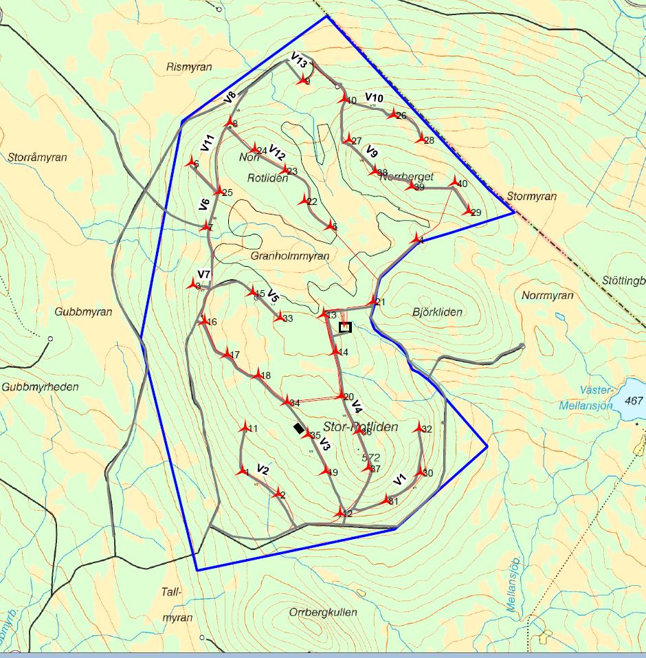 Uppdragsgivare: Vattenfall Vindkraft AB, Utförare: EKOM AB Figur 2. Vindkraftsparken på Stor-Rotliden. Gula linjer anger ursprungligt vägnät inom området för vindkraftsparken.