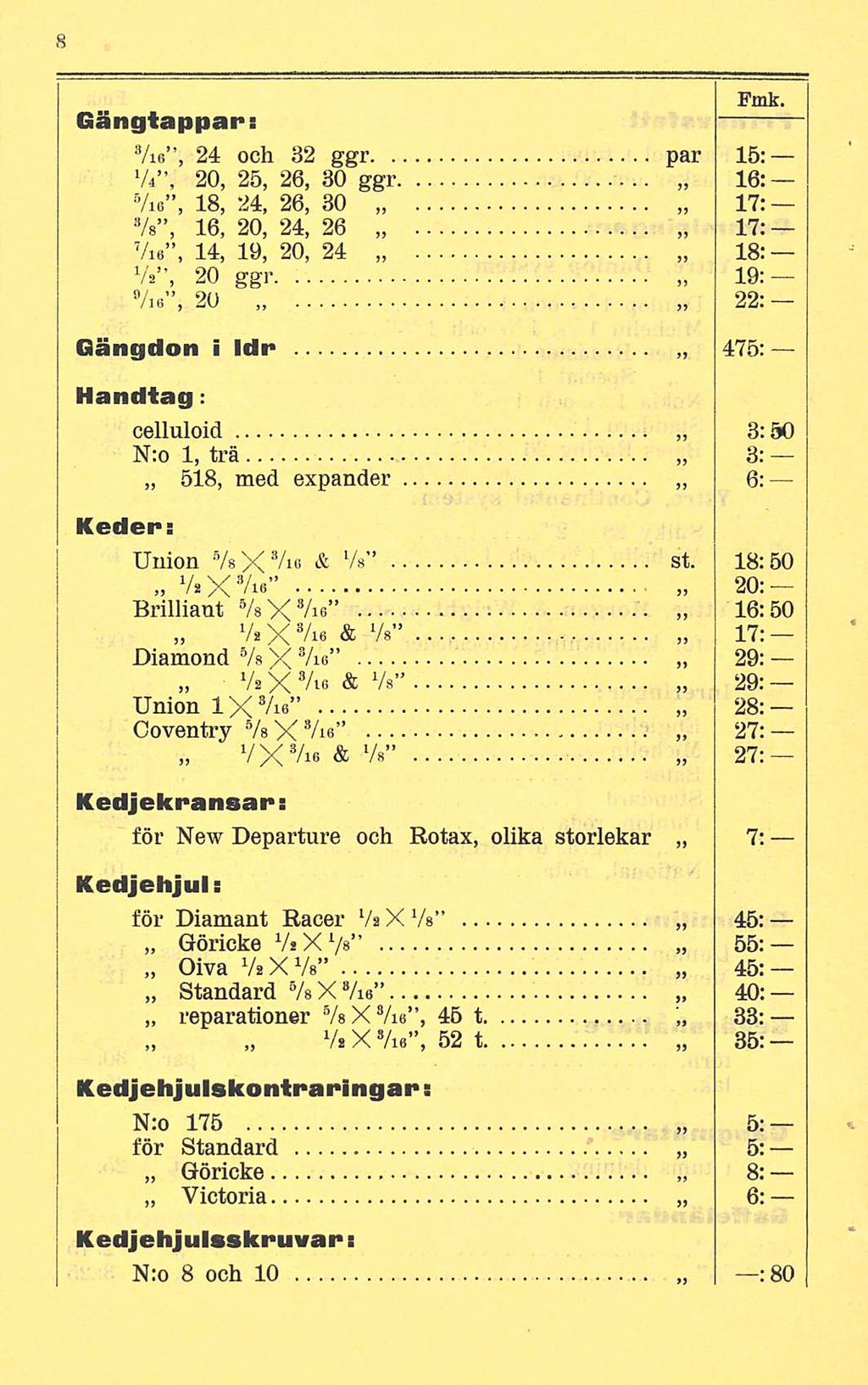 Fmk. Gängtappar: Vie, 24 och 32 ggr par 15: Ve, 20, 25, 26, 30 ggr 16: Vie, 18, 24, 26, 30 17: Vs, 16, 20, 24, 26 17: Vie, 14, 19, 20, 24 18: Vä, 20 ggr 19: Vie, 20 22: Gängdon i Idr 475: Handtag: