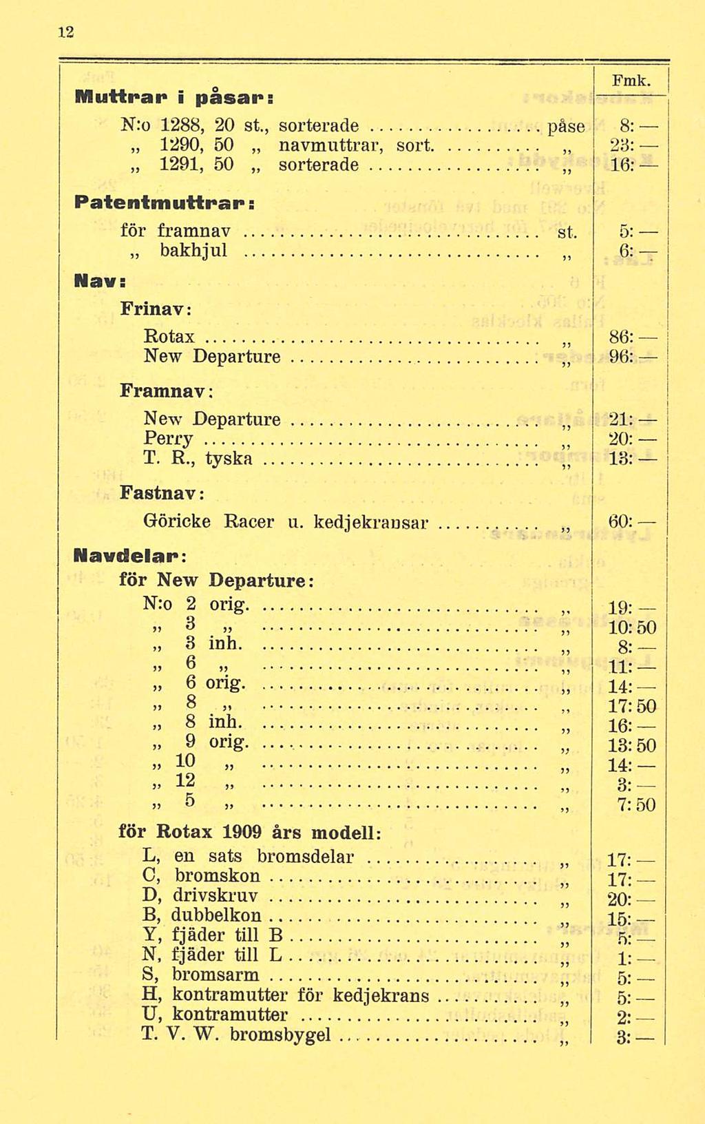 Muttrar i påsar: Fmk. N:o 1288, 20 st., sorterade påse 8: 1290, 50 navmuttrar, sort 28: 1291, 50 sorterade 16: Patentmuttrar: för framnav bakhjul st.