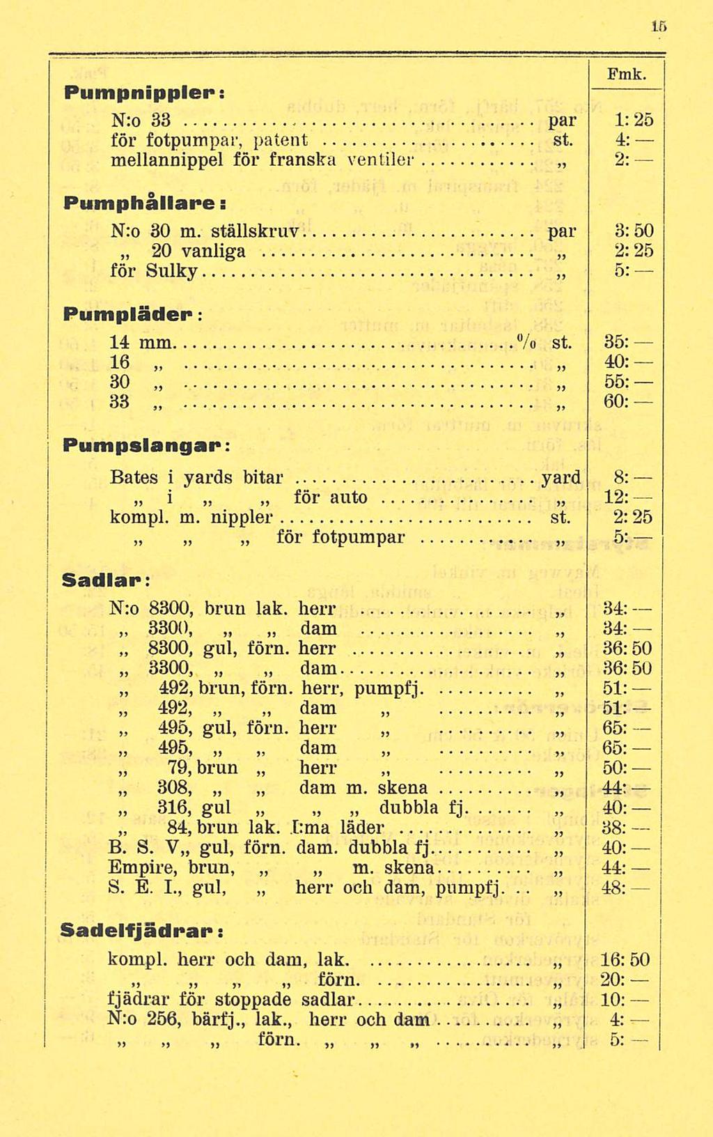par Fmk. Pumpnippler: - N:o 33 1:25 för fotpumpar, patent st. 4: mellannippel för franska ventiler 2: Pumphållare: N:o 30 m. ställskruv par 3:50 20 vanliga 2:25 för Sulky 5: Pumpläder: 14 mm % st.