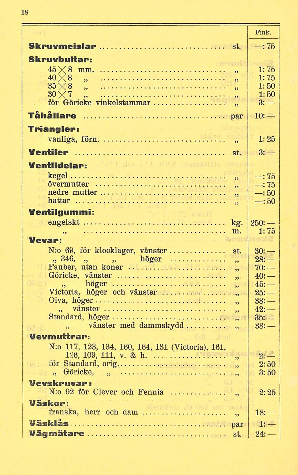 Fmk. Skruvmeisiar st. : 75 Skruvbultar: 45 X 8 mm 1: 75 40X8 1:75 35X8 1:50 30X7 1:50 för Göricke vinkelstammar 3: Tåhållare par 10: Trianglar: vanliga, förn 1:25 Ventiler st.