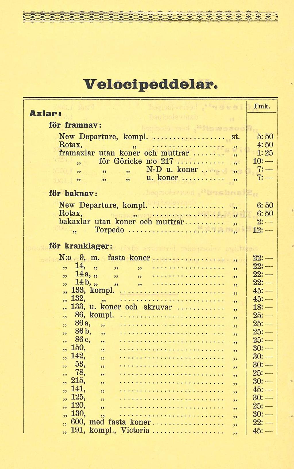 Veloeipeddelap. 10: Fmk. Axlar: för framnav: New Departure, kompl st. Rotax, 5:50 4:50 1:25 framaxlar utan koner och muttrar för Göricke n:o 217 N-D u. koner 7: 7: u.