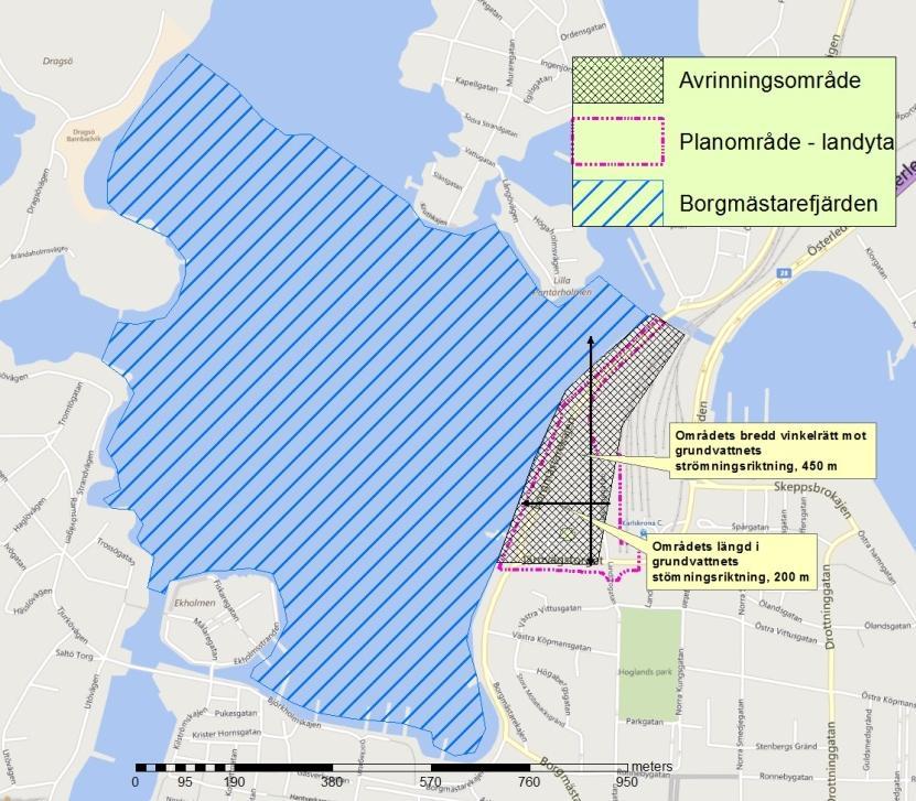 Mall: Fel! Okänt namn på ver Fel! Okänt namn på Figur 8. bedömd utbredning av recipienten Borgmästarefjärden samt utströmningsområdets längd och bredd. Tabell 4.
