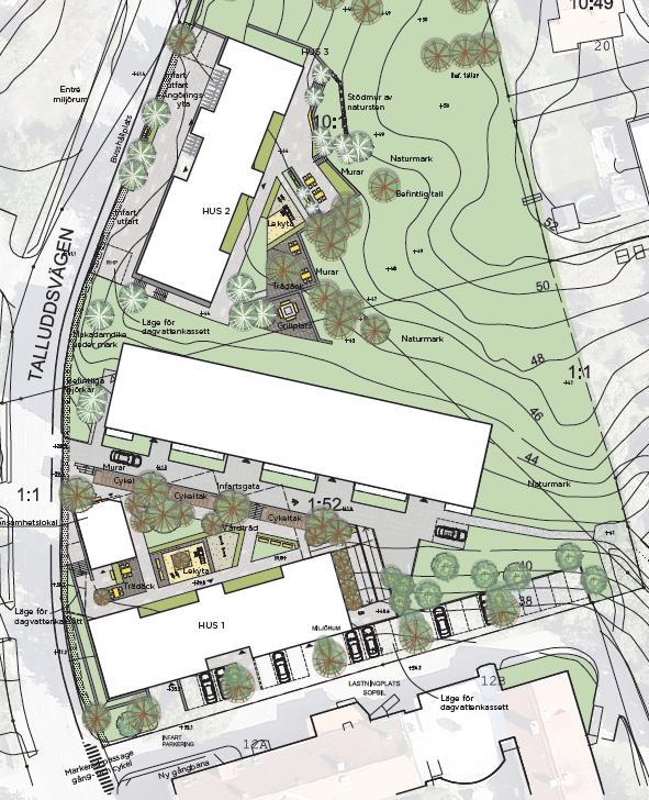 10 3. Angöring Enligt BBR ska angöringsplats ordnas inom 25 meter från tillgängliga entréer. Vid Hus 1, Hus 2 kommer angöringsplats kunna ordnas mycket nära entréerna.