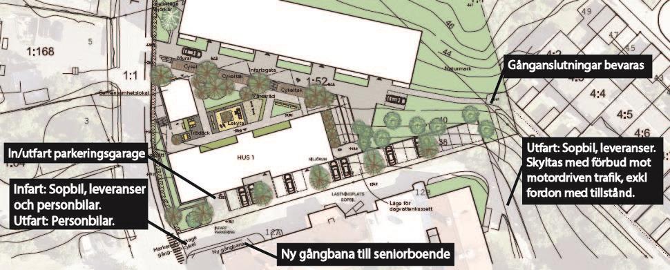 11 3.1 Angöring Hus 1 Sophantering och biltrafik Det miljörum som ligger i Hus 1 nås med sopbil från angöringsvägen till seniorboendet söder om Björknäs 1:52.