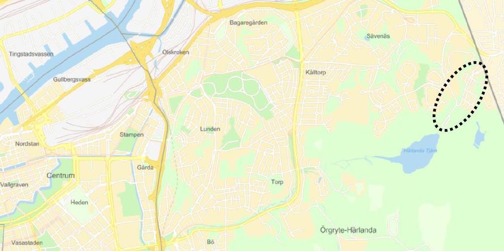 3 1.4 Områdesavgränsning och förutsättningar Utredningsområdet ligger vid Robertshöjdsgatan och Smörslottsgatan, ungefär 6 kilometer öster om Göteborgs centrum (se Figur 1-1).