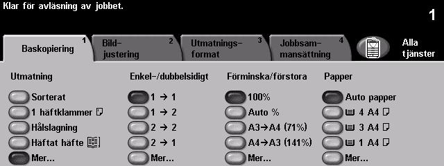 Utmatning Utmatning används för att välja jobbets efterbehandlingsbehov. Alternativen beror på vilken efterbehandlingsenhet som har installerats.
