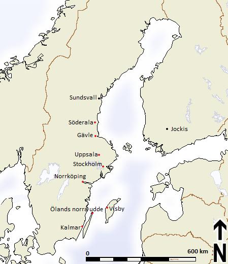 Visby, Ölands norra udde och Kalmar, se rödmarkerade platser i figur 3.1.1. Alla de platserna valdes ut på grund av att de är kända för att drabbas av snökanoner.