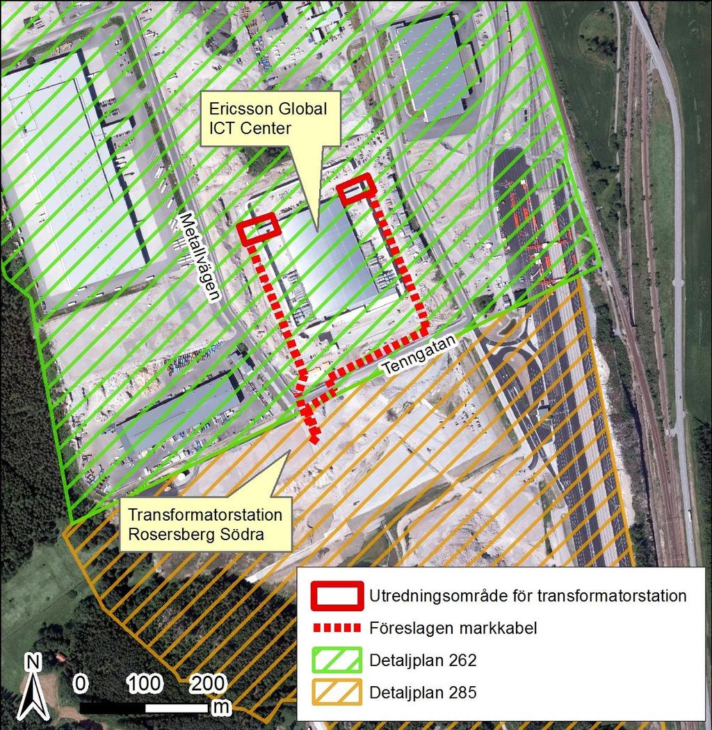 4. Konsekvensbedömning 4.1 Markanvändning och gällande planer Planerad ledningssträckning sträcker sig genom Rosersbergs industriområde.