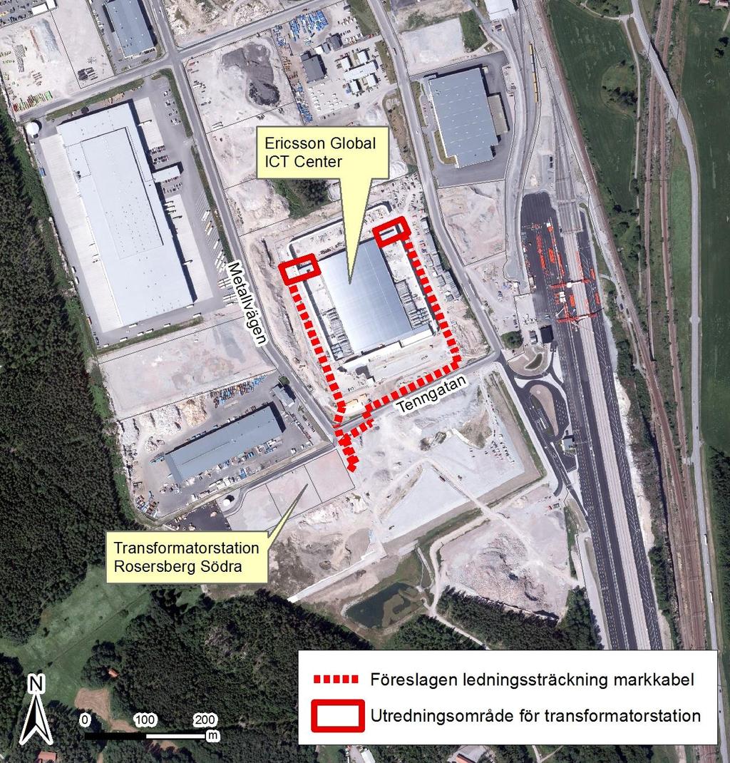 Figur 2. Föreslagen sträckning för 130 kv markkablar mellan transformatorstation Rosersberg Södra och Ericssons fastighet samt utredningsområden för transformatorstationer inom Ericssons fastighet.