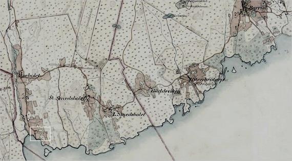 Sjön Undens strandlinje mellan Åsebol och Barrud på den häradsekonomiska kartan, fältmätt 1877-82.