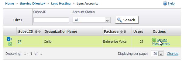 När du kommit till Lync Accounts-sidan klickar du på Service Management. Vi är nu inne på de sidorna du kommer använda mest: General Info Innehåller allmän information om din Lync-installation.