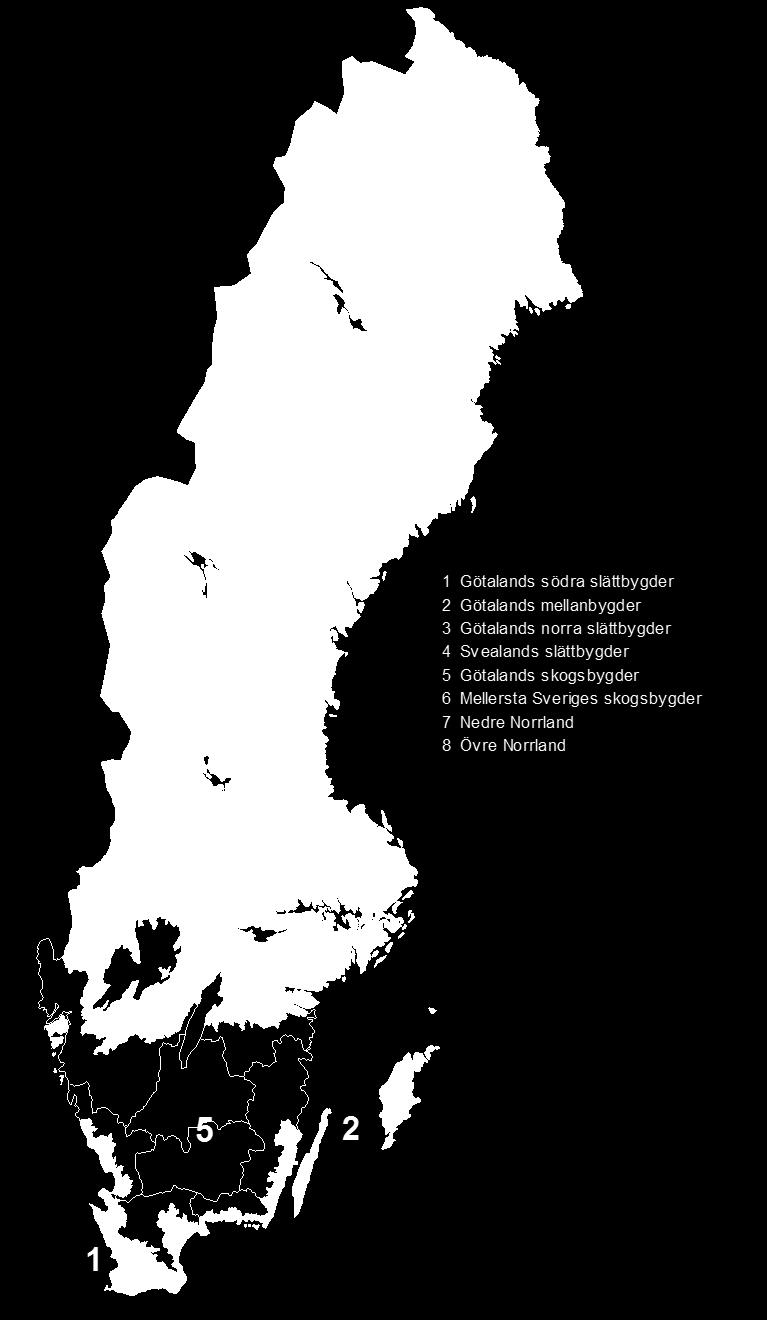 Götalands mellanbygder 2 % 4 % 9 % 39 % 3. Götalands norra slättbygder 1 % 5 % 6 % 30 % 4. Svealands slättbygder 1 % 3 % 5 % 30 % 5.