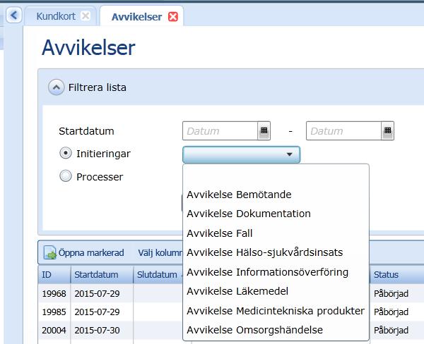 Personakt Översikt - Avvikelser Vyn visar alla avvikelser som registrerats på den enskilde. Användaren får kryssa för om man vill söka på avvikelseinitieringar eller avvikelseprocesser.